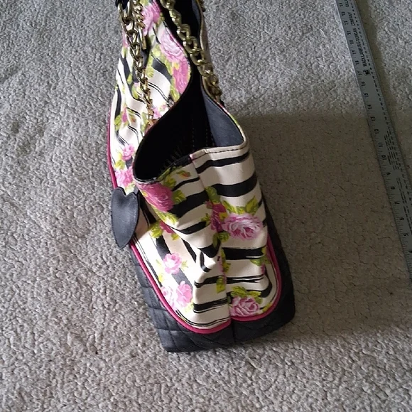 Betsey Johnson Striped Floral Satchel with Gold Accents - Picture 10 of 13